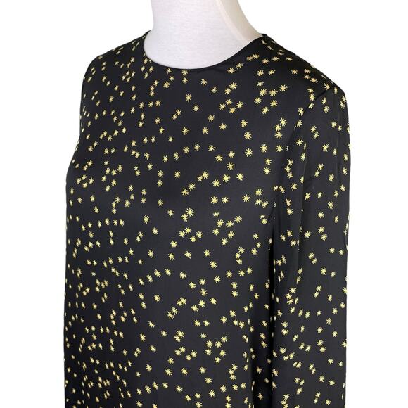 Theory Black & Yellow Star Print Silk Long Sleeve Flare Mini Dress - Picture 7 of 14